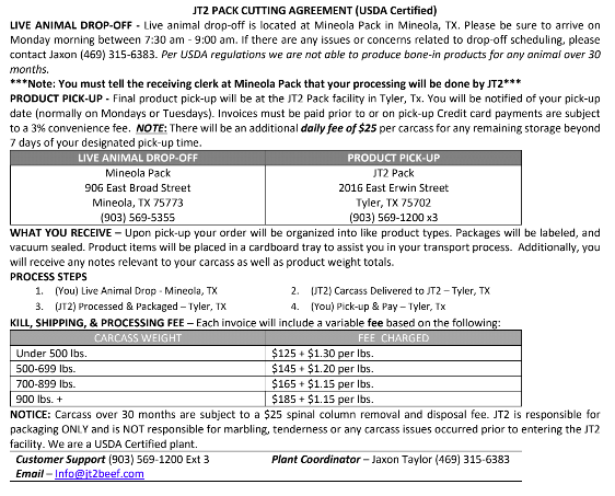 Schedule JT2 Beef Processing